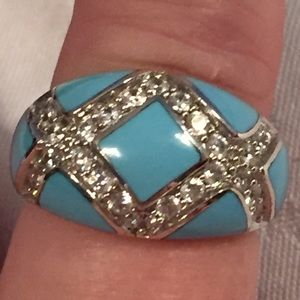 Turquoise Enamel and CZ Silver Ring